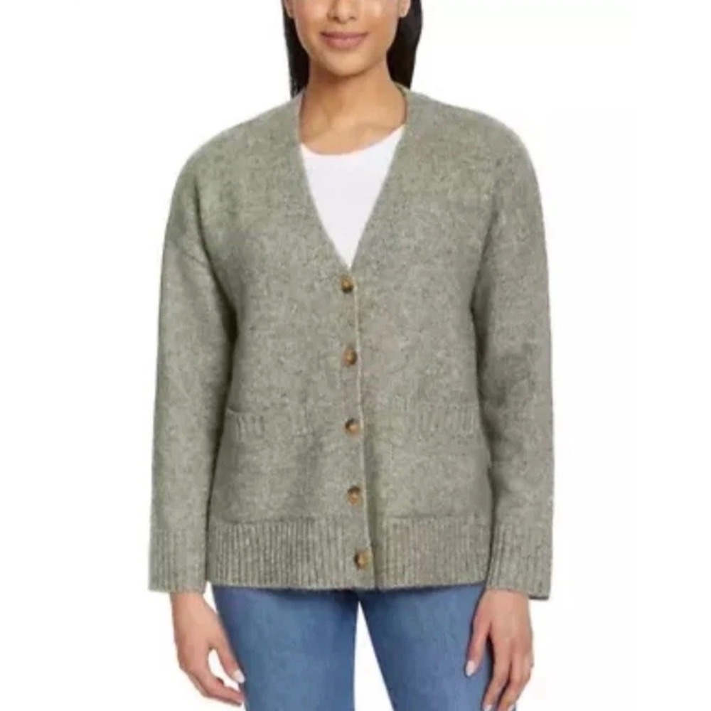 NWT Ella Moss Womens Green Relaxed Boyfriend Button Up Cardigan Sweater Size •M•